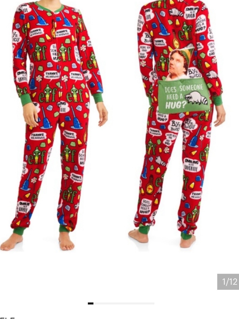 ELF Red Graphic Holiday One-Piece Footie Pajamas with Green Trim